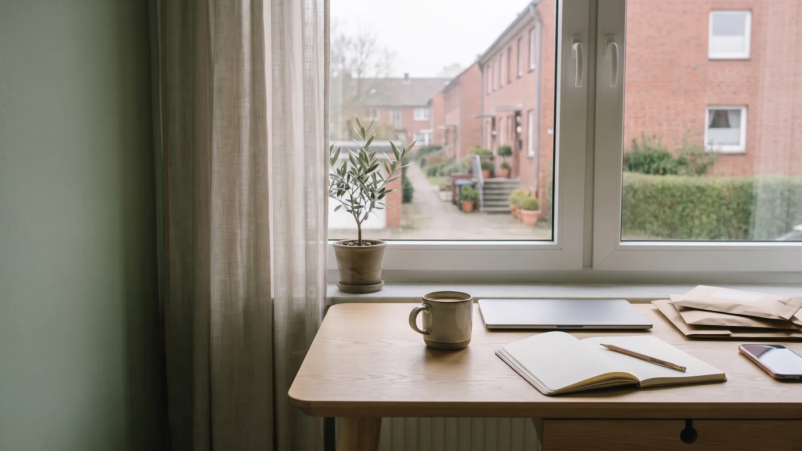 Heller Schreibtisch mit Notizbuch, Tasse und Olivenzweig vor einem Fenster mit Blick auf eine Wohnstraße
