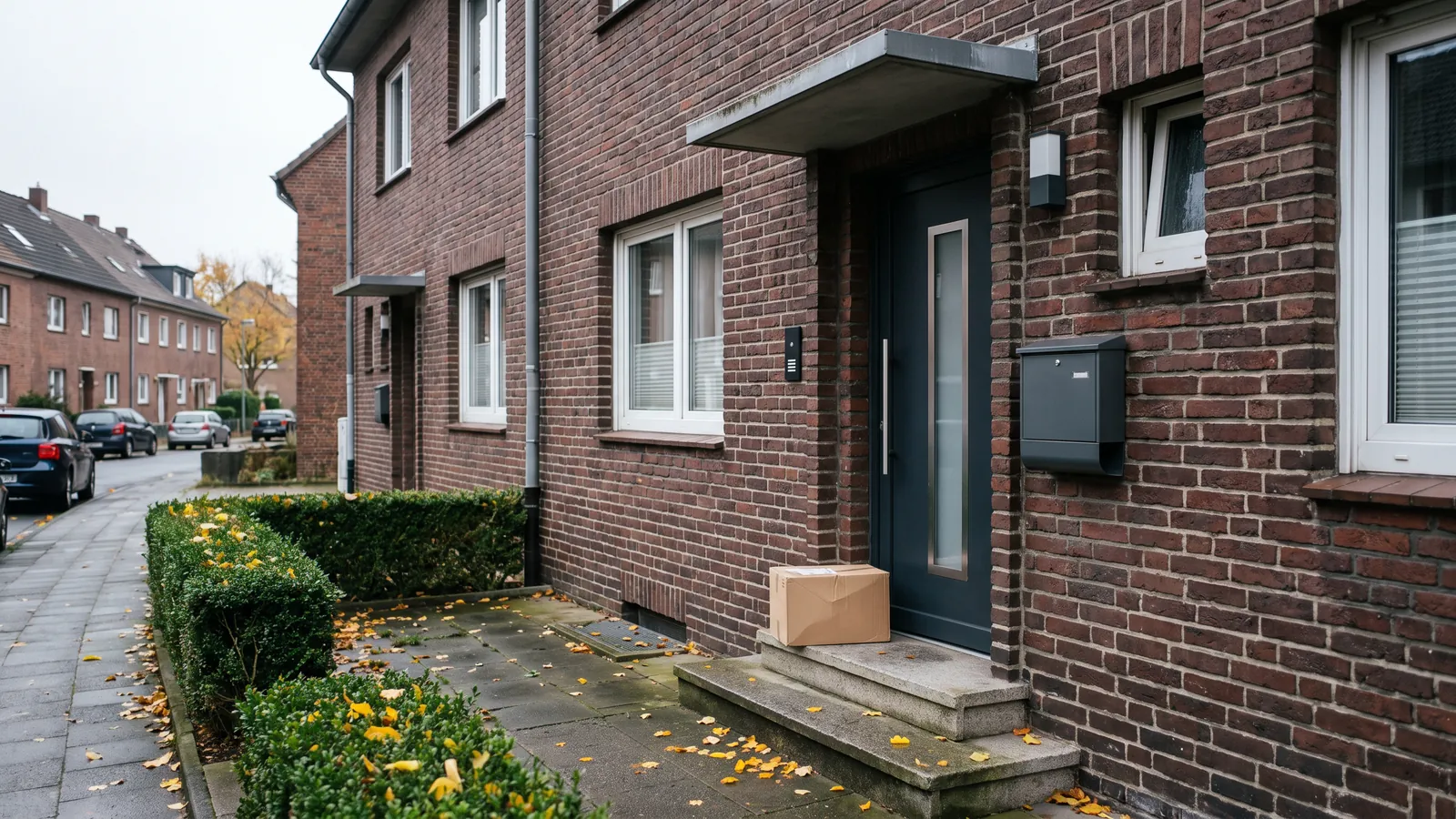 Ein Paketkarton auf der Stufe vor einer Haustür, daneben ein Briefkasten an der Klinkerwand