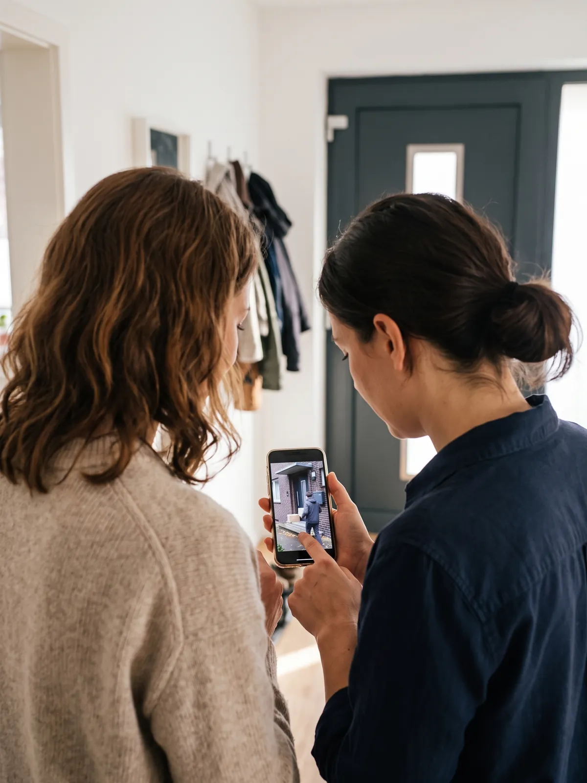 Zwei Frauen von hinten blicken auf ein Smartphone, auf dem die Kameraaufnahme eines Mannes mit einem Paket zu sehen ist